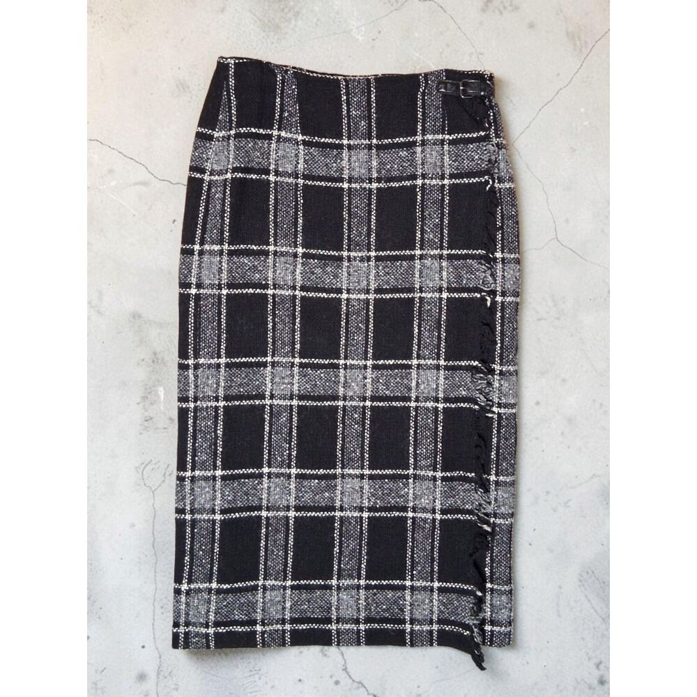 Talbots Black Gray Plaid Italian Wool Wrap Maxi Skirt Size 12- See Pictures